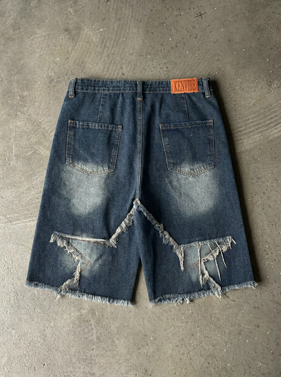 Gene Vintage Splicing Star Denim Shorts
