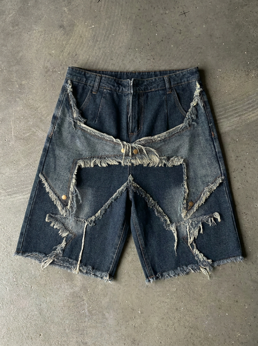 Gene Vintage Splicing Star Denim Shorts